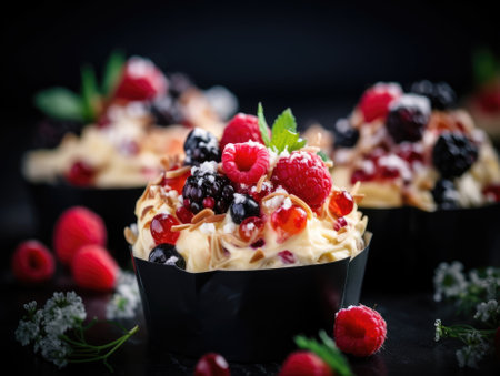 Muffins on dark background - generated with generative AIの素材