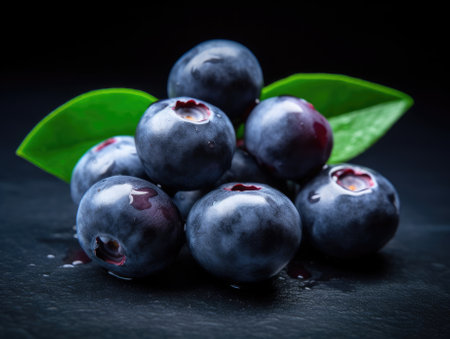 Blueberries on dark background - generated with generative AIの素材