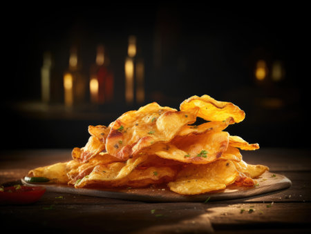 Potato chips on dark background - generated with generative AIの素材
