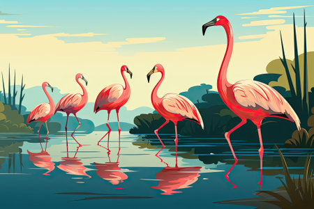 Flamingos standing in line together in water. Image generated with Generative AIの素材