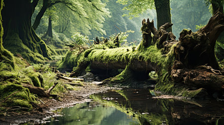 A mossy fallen tree in the forest. Image generated with Generative AIの素材