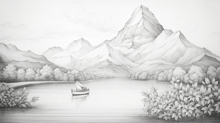 A boat rests on a lake by a mountain. Image generated with Generative AIの素材