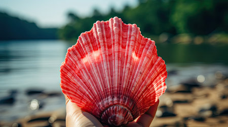 A blurred background highlights a sea shell on a rock. Image generated with Generative AIの素材
