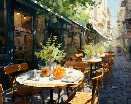 An empty Provencal-style outdoor restaurant in summer illustrated watercolor-style. Image generated with Generative AIの素材