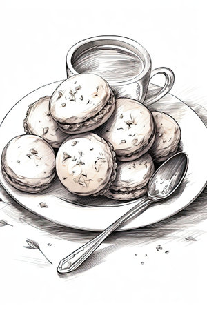 On a table lie a white plate with macaroons, a spoon, a cup of coffee, and another spoon. Image generated with Generative AIの素材