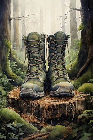 Boots sit atop moss-covered ground. Image generated with Generative AIの素材