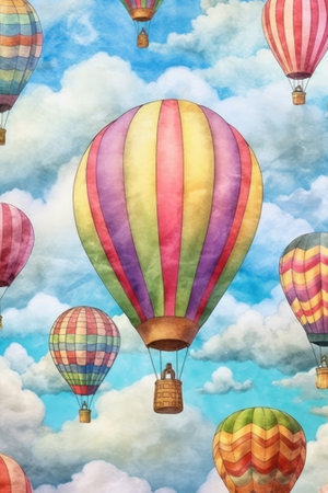 Hot air balloons in colorful watercolor. Image generated with Generative AIの素材