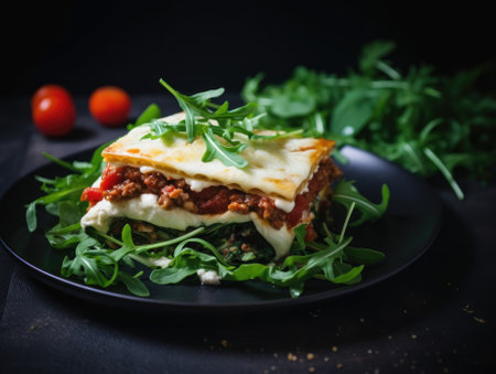 Lasagna on dark background - generated with generative AIの素材