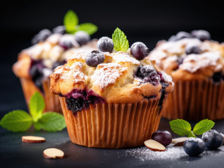Blueberry Muffins on dark background - generated with generative AIの素材