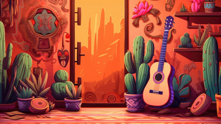A cactus and guitar with Mexican flair in an image. Image generated with Generative AIの素材