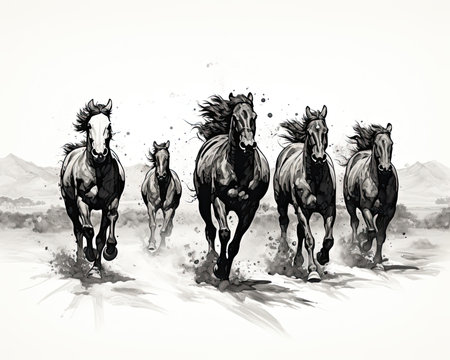 A herd of horses swiftly galloping, raising clouds of dust. Image generated with Generative AIの素材