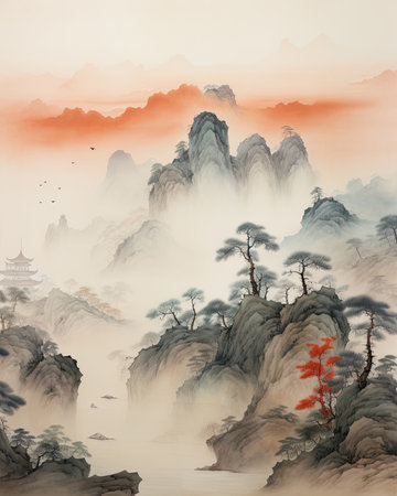 In the foreground, a foggy valley complements the mountain landscape. Image generated with Generative AIの素材