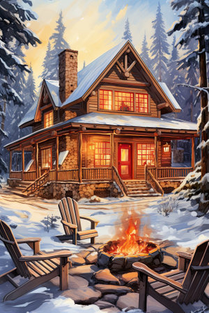 A log cabin painting with fireplace, snow, and trees. Image generated with Generative AIの素材