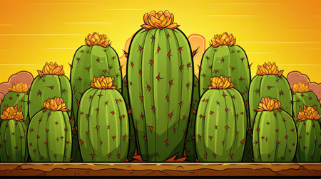 A green cactus with yellow needles in close up. Image generated with Generative AIの素材