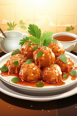 A white plate holds meatballs in tomato sauce with herbs. Image generated with Generative AIの素材
