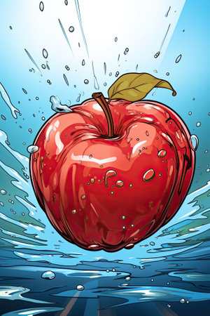 Water splashes on top of a red apple. Image generated with Generative AIの素材