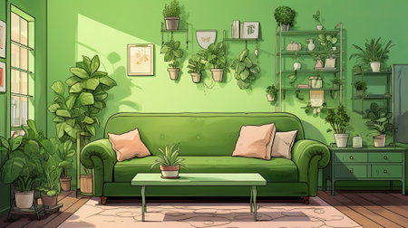 The living room has a green wall, couch, plant, and table. Image generated with Generative AIの素材