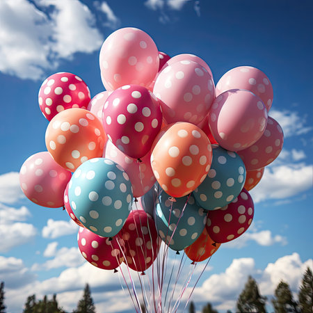 A polka dotty balloon floats among a bunch of balloons. Image generated with Generative AIの素材