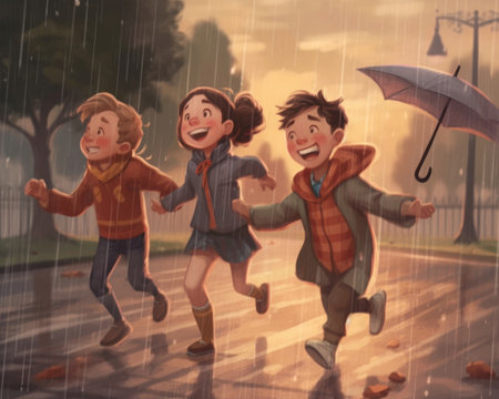 These kids enjoy each other's company despite the rain. Image generated with Generative AIの素材