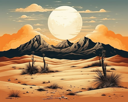 A sandy desert with dunes and a distant mountain. Image generated with Generative AIの素材