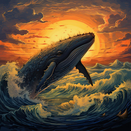 At sunset, a humpback whale dives into the ocean. Image generated with Generative AIの素材