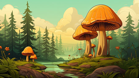 Mushrooms sit on moss. Image generated with Generative AIの素材