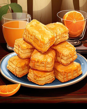 An orange biscuit stack rests upon the table. Image generated with Generative AIの素材