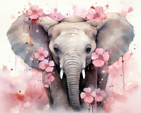 A baby elephant sits with a flower and watercolor background. Image generated with Generative AIの素材