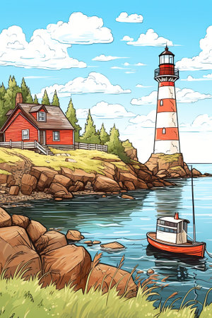 A harbor painting featuring a boat, house, lighthouse, trees, and sky. Image generated with Generative AIの素材