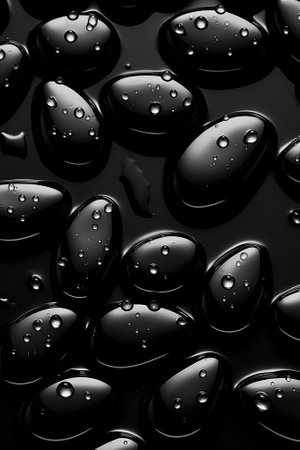 Water droplets on black surface seen in close up. Image generated with Generative AIの素材