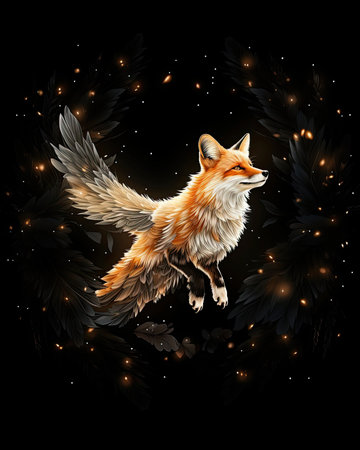 A red fox soars through the black sky. Image generated with Generative AIの素材
