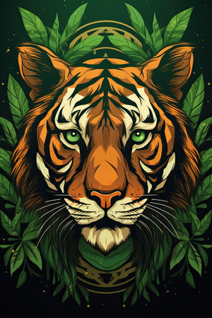 A tiger's face zoomed in with green leaf background. Image generated with Generative AIの素材