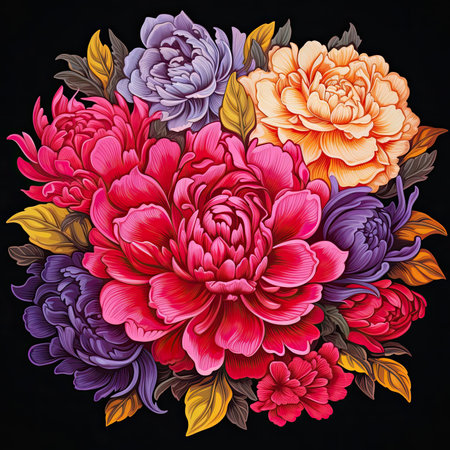A vibrant flower up close against a black background. Image generated with Generative AIの素材
