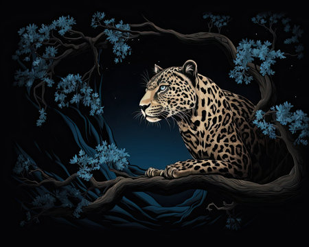 In the dark, a leopard climbs up a tree branch. Image generated with Generative AIの素材