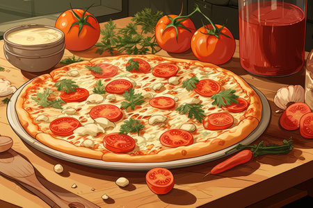 A pizza with cheese and tomatoes, close up. Image generated with Generative AIの素材