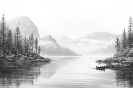 A misty scene with water, mountains, and foggy air. Image generated with Generative AIの素材