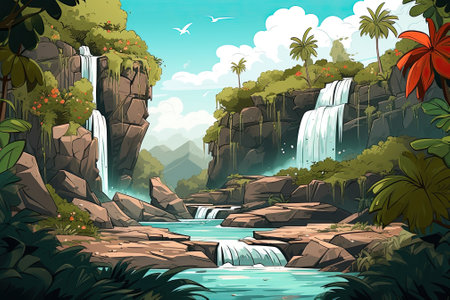 There is a waterfall amidst jungle, rocks, and trees. Image generated with Generative AIの素材