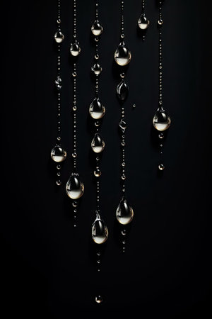 Water droplets on black surface seen in close up. Image generated with Generative AIの素材