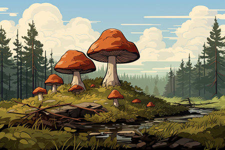 Mushrooms rest on mossy forest. Image generated with Generative AIの素材