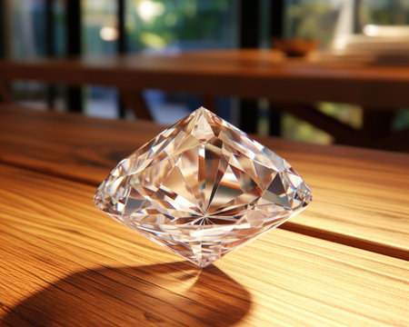 A blurry background frames a diamond close up on a table. Image generated with Generative AIの素材