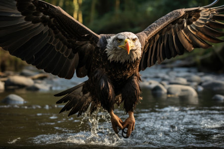 In the background, a bald eagle soars over water and forest. Image generated with Generative AIの素材
