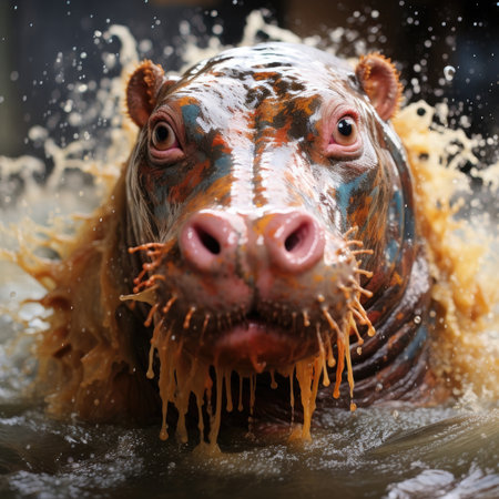 The hippopotamus in the water has paint splatters on its face, neck, open mouth, and wide eyes. Image generated with Generative AIの素材