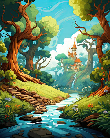 A forest with a stream and lots of trees. Image generated with Generative AIの素材