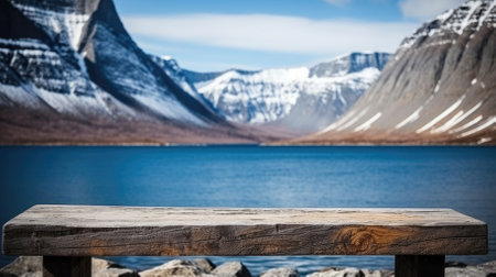 An image (aig30) of a wooden table with a blurred Norway backdrop. Image generated with Generative AIの素材
