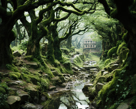 'Lush forest abundant with mossy trees and foliage.' Image generated with Generative AIの素材