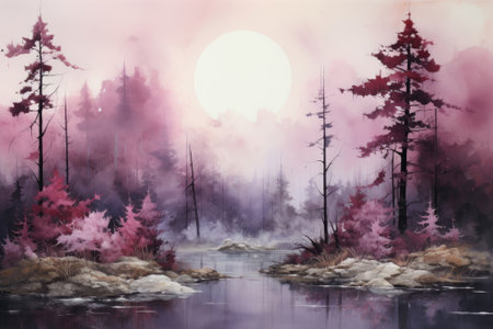 A foggy forest painting featuring tall pine trees, purple sky, and white clouds. Image generated with Generative AIの素材