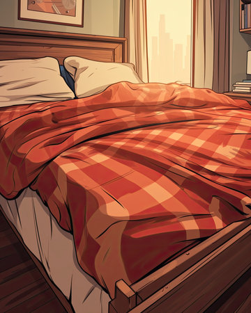 A bed with a quilt seen in close-up. Image generated with Generative AIの素材