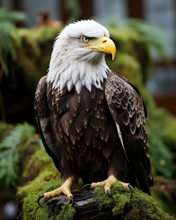 A bald eagle sat on mossy branch within a forest. Image generated with Generative AIの素材