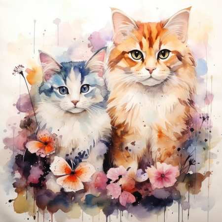 A watercolor painting capturing a cat and kitten with flowers and butterflies. Image generated with Generative AIの素材