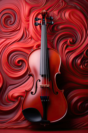 There is a red violin with a black bow surrounded by red swirls. Image generated with Generative AIの素材